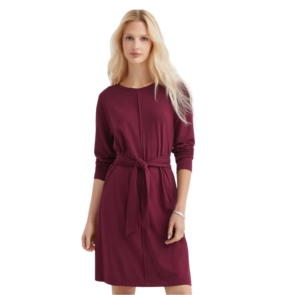 LOFT Heather Tie-Waist Long Sleeve Mini Dress, Plum S NWOT